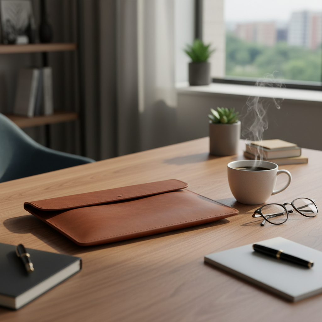 심플한 디자인의 가죽 노트북 파우치가 따뜻한 원목 책상 위에 놓여 있고 옆에는 김이 모락모락 나는 커피 한 잔과 안경이 놓여 있는 감성적인 오피스 환경 데스크테리어 사진