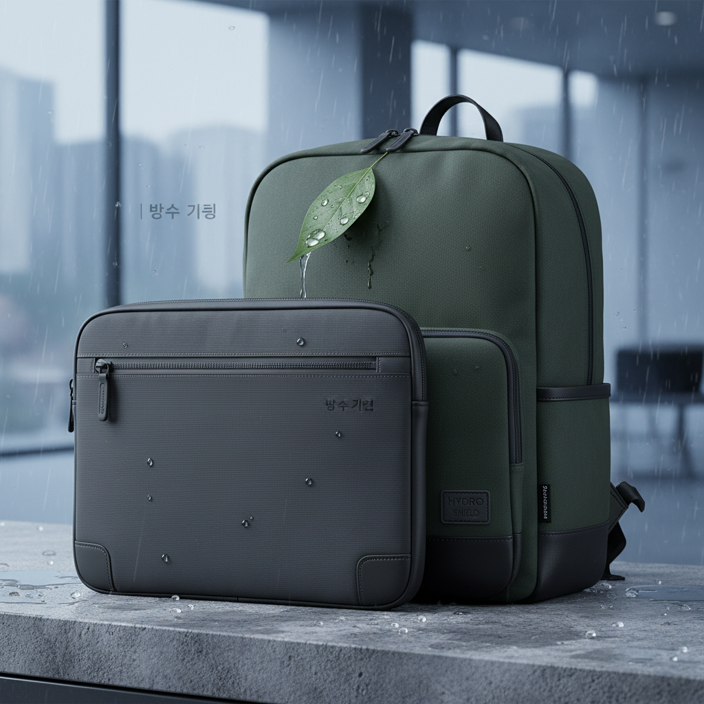 방수 기능이 강조된 견고한 나일론 소재의 노트북 파우치가 빗방울이 조금 맺힌 연출과 함께 세련된 백팩 옆에 놓여 있는 실용적인 제품 상세 이미지