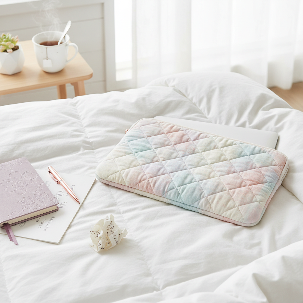 파스텔 톤의 부드러운 퀼팅 노트북 파우치가 깨끗한 흰색 침구 위에 놓여 있으며 주변에 다이어리와 볼펜이 배치된 아늑하고 아기자기한 라이프스타일 사진