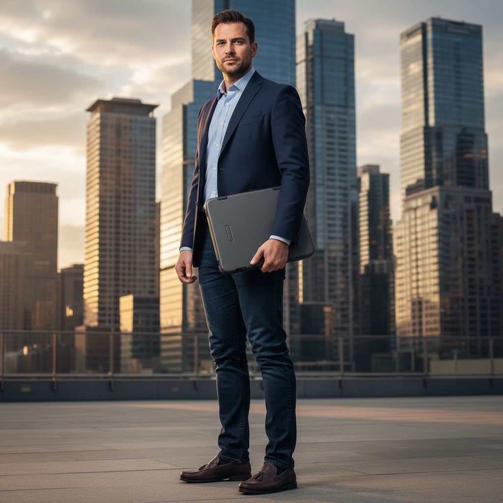 세련된 다크 그레이 색상의 하드쉘 노트북 케이스를 손에 들고 있는 비즈니스 캐주얼 복장의 인물이 현대적인 빌딩 숲을 배경으로 서 있는 전문적인 느낌의 사진