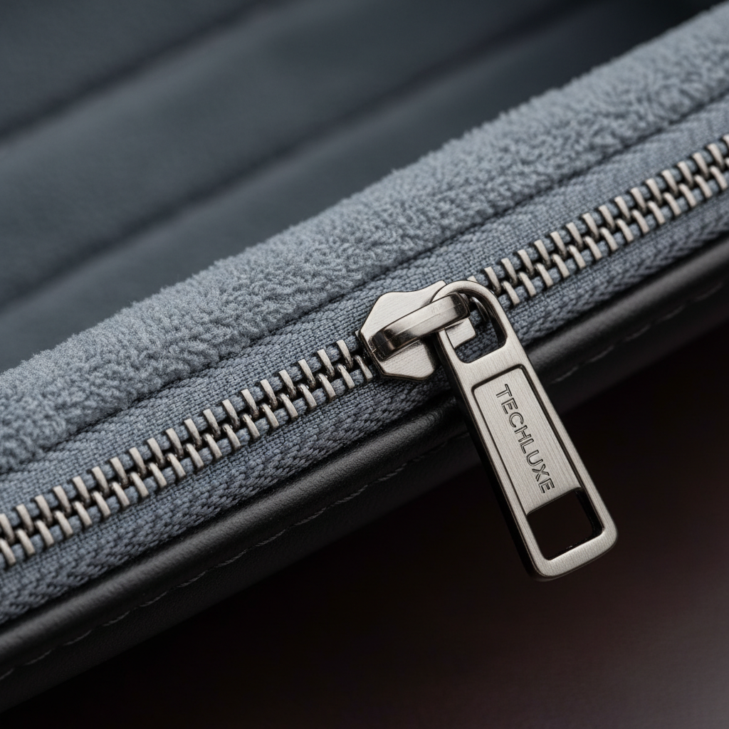 노트북 파우치의 부드러운 극세사 안감 소재와 튼튼한 금속 지퍼 마감 부분을 극단적으로 근접 촬영하여 제품의 높은 품질과 마감을 강조한 매크로 사진