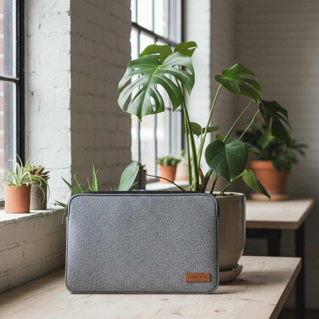 친환경 펠트 소재로 제작된 회색 노트북 파우치가 싱그러운 초록색 실내 식물 화분 옆에 놓여 있어 자연 친화적이고 지속 가능한 디자인을 강조한 설정 사진