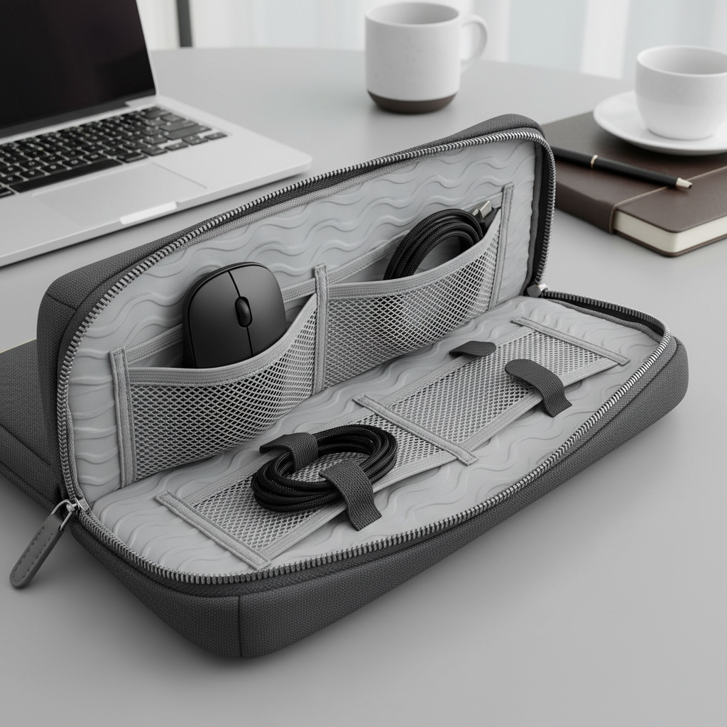 노트북 파우치가 반쯤 열려 있는 상태에서 내부의 충격 방지 엠보싱 패턴과 마우스 및 충전 케이블 수납 공간이 선명하게 보이는 기능 중심의 연출 사진