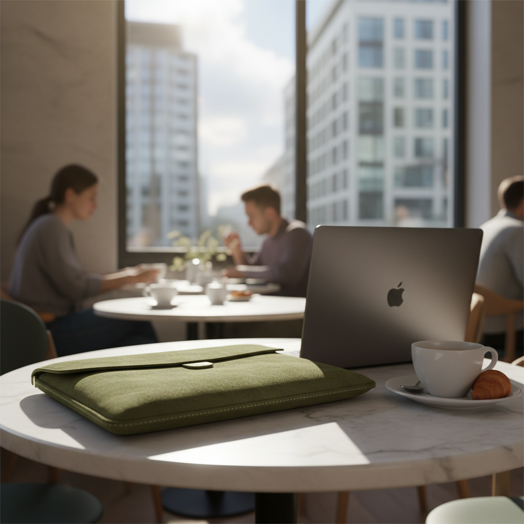 햇살이 잘 드는 카페의 밝은 대리석 테이블 위에 고급스러운 스웨이드 질감의 노트북 파우치와 최신형 슬림 노트북이 나란히 놓여 있는 세련된 도심 속 일상 이미지
